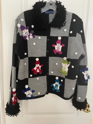 Cárdigan Suéter Karen Scott Patchwork Negro Blanco Invierno Patinaje sobre Hielo Colorido PL Foto 1 de 4