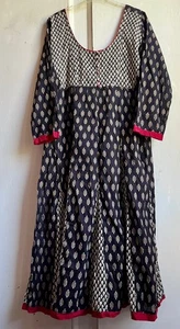 ✩Fab Black White Floral Hand Block Print Indian Cotton Panelled Midi Dress XL☆ - Picture 1 of 8