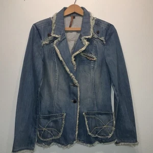 Blujeanious Women's Denim Jean Blazer Jacket Sz Small Made In USA Frayed Edges - Picture 1 of 11