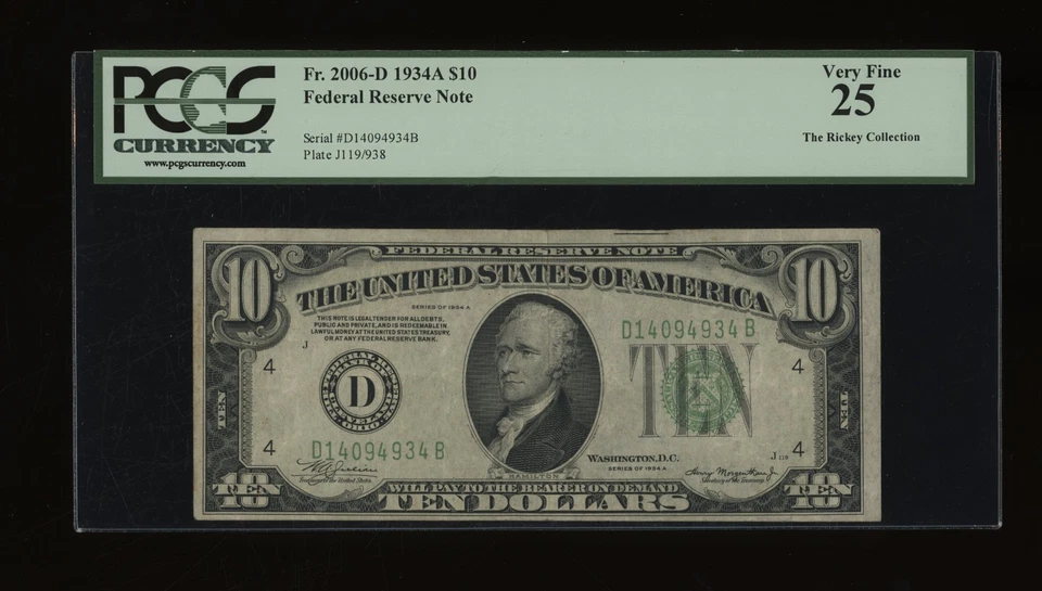 DBR 1934-A $10 FRN Cleveland Fr. 2006-D PCGS 25 Serial D14094934B - Image 1 of 2