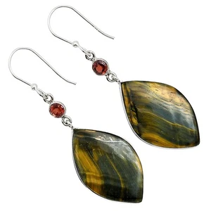 Natural Blue Tiger Eye & Garnet 925 Sterling Silver Earrings Jewelry E-1002 - Picture 1 of 5