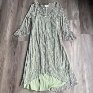 Vintage Green Fairycore Romantic Sheer Mesh Silver Roses Midi Dress w/slip sz 14 - Picture 1 of 9