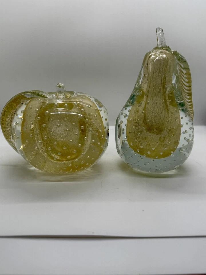 Sommerso de cristal de Murano Alfredo Barbini manzana y pera con sujetalibros mancha dorada  Foto 1 de 4