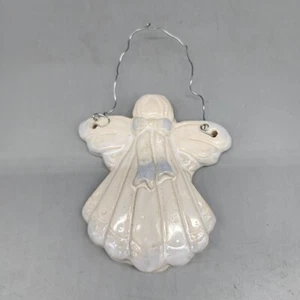 Vintage Heavy Plaster Christmas Angel Ornament 4.5" White Blue - Picture 1 of 4
