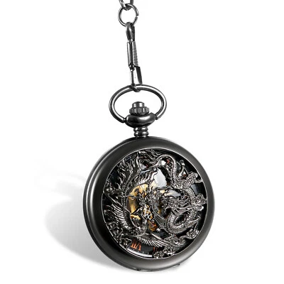 Unique Phoenix and Dragon Skeleton Hand Winding Mechanical Pocket Watch Pendant - Image 1 of 4