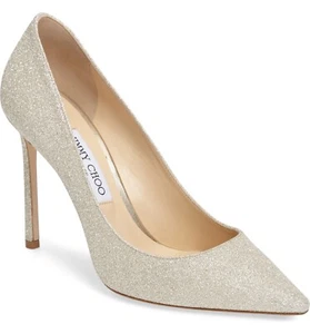 Neu im Karton $ 675 Jimmy Choo Romy spitz zulaufender Pumps in Platinum Ice Glitter - Größe 9,5! - Bild 1 von 11