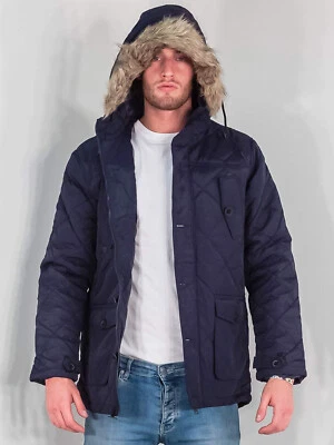 BRAVE SOUL MENS QUILTED PARKA HOODED WINTER THICK COAT NAVY BLUE MULTIPLE SIZES - Image 1 of 4