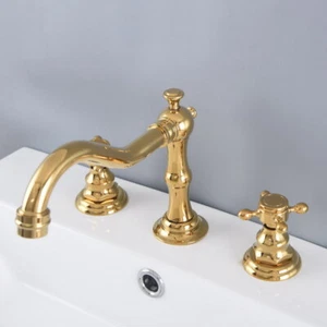 Polished Gold Color Brass Bathroom Basin Faucet Widespread Vanity Sink Mixer Tap - Picture 1 of 9