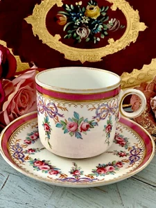 READ Spode Copeland Large Tea Cup Saucer Scrolled Handle Pink Roses Purple Bows - Picture 1 of 23
