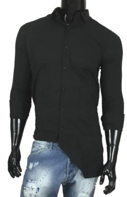 Camicia UOMO Disomogenea collo Classico Color NERO Manica lunga Slim FIT  - Immagine 1 di 2