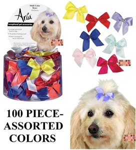 LOT BOW DOG DOGS Grooming SATIN RIBBON HAIR BOWS w/Rubber band 100 pc pack 5/8" - Picture 1 of 5
