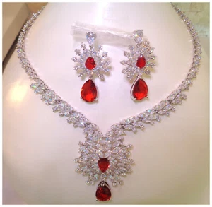 RUBY AAA GEMSTONE LADIES PLATINUM PLATED NECKLACE EARRING SET PARTY - Picture 1 of 8