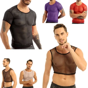 Men's Fishnet Vest Crop Top See Through Clubwear Casual Sport Muscle T-Shirts - Picture 1 of 58