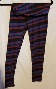 Lularoe Leggings   OS- One Size        Striped     Black/Burgundy/Blue - Picture 1 of 4