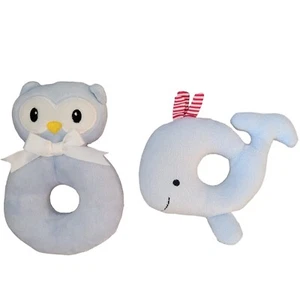 Carter's Plush Whale Baby Rattle & Alliteration Plush Owl Rattle Both Light Blue - Picture 1 of 5