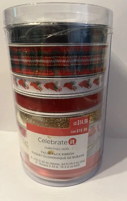 8 x 8 ft Assorted Ribbons. Total 64 Ft. Red Green Christmas Plaid Holiday Gold - Image 1 of 4