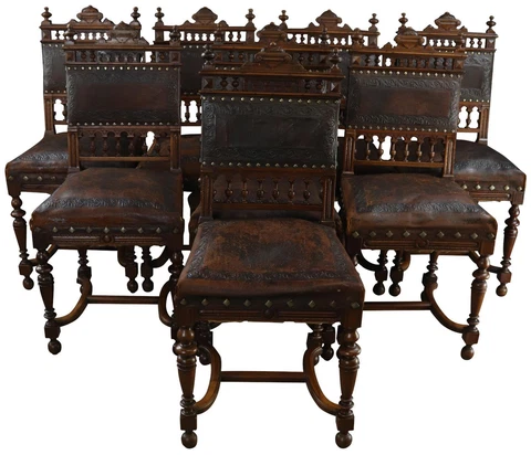 Antique Dining Chairs Henry II Set 8 Renaissance Embossed Leather Walnut Cover