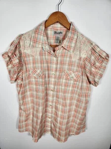 Camisa Wrangler Wrancher Cuadros Melocotón Verde azulado Manga Corta Encaje Yugo Perla A Presión XL - Imagen 1 de 8