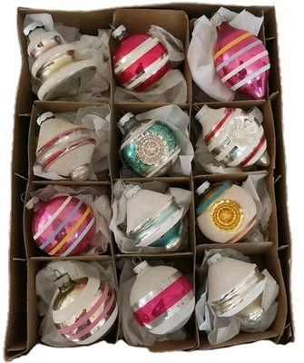 Adornos de Navidad de Vidrio Brite Brillante De Colección ~ Rayas Tornados con Indentaciones de Mica ~ Lote 12 Foto 1 de 4