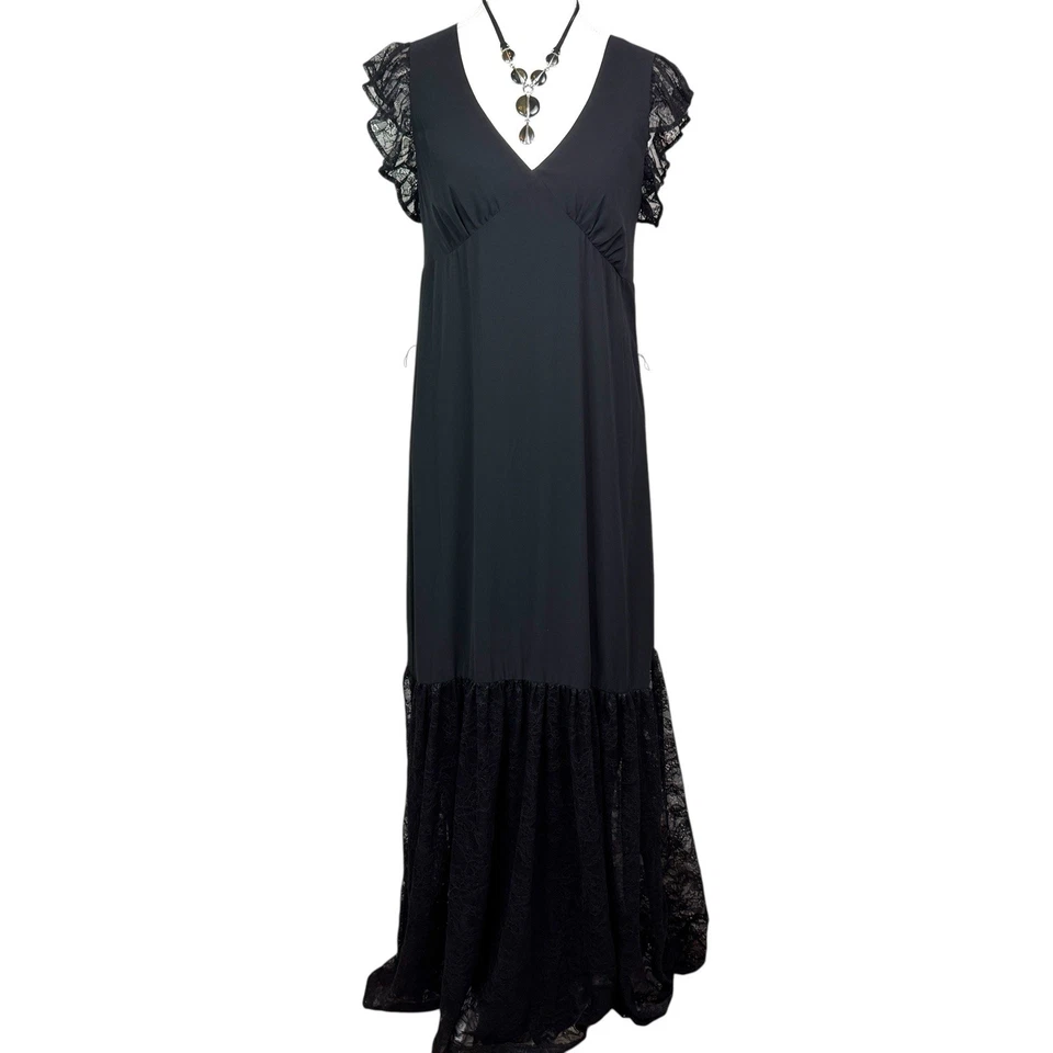 Atmos&here Black Lace Chiffon Maxi Dress Back Zipper Sz 8 Whimsygoth Dark Fairy - image 1 of 4