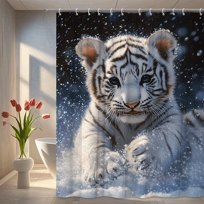 Invierno Blanco Tigre Cub Cortina de Ducha, Nevado Vida Silvestre Animal Print Baño Foto 1 de 4
