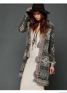 Free People Sweater Womens XS Brown Kai Pom Pom Tassel Cardigan Boho Hoodie - Picture 1 of 15