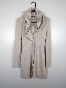 Elie Tahari Sweater Womens S Beige Merino Wool Ruffle Snap Cardigan - Picture 1 of 7