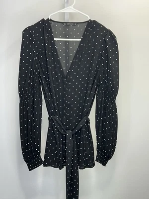 Blusa para mujer Zara negra a lunares mangas acanaladas, talla mediana. 1B Foto 1 de 4