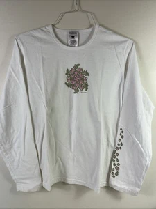 T-shirt Columbia donna maglione maglietta grande bianco rosa fiori manica lunga - Foto 1 di 11