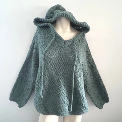 POL M Hoodie Sweater V Neck Knit Pullover Soft Green Wool Blend Y2K Boho Cozy - Image 1 of 4
