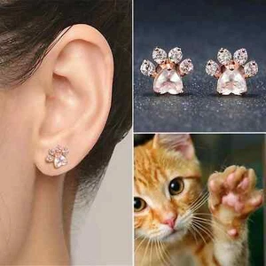 Girls Cat Paws Shape Pink Crystal Zircon Earrings. Cats Lovers Jewelry Girl Gift - Picture 1 of 10