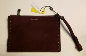 Bolso Muñequera Nuevo con Etiquetas Diseñador KAREN MILLEN Borgoña Gamuza y Cuero de Vaca Tachonado - Imagen 1 de 12