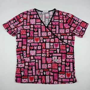 Cherokee V-Neck Scrub Top Shirt Hearts Pink Ribbon Women's Size XS - Picture 1 of 10