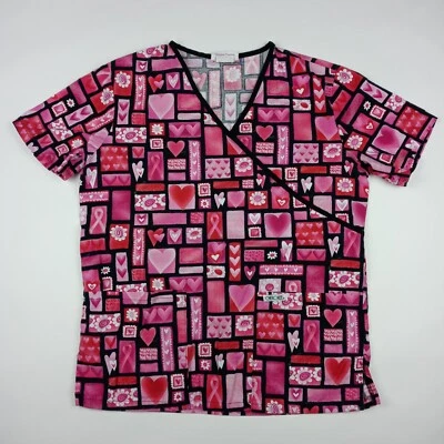 Cherokee V-Neck Scrub Top Shirt Hearts Pink Ribbon Women's Size XS - Image 1 of 4