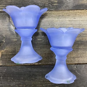 Vtg Frosted Blue Glass Candle Holder flower shapes sweet of 2 - Picture 1 of 10