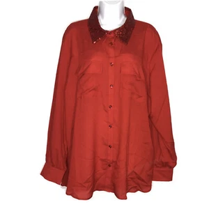 Timeless Naeem Khan Button Up Top Womens Plus Size 2X Sequin Collar Red Festive - Picture 1 of 11