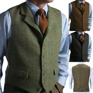Mens Tweed Waistcoat Vintage Western Windowpane Plaid Waistcoat Vest 42 44 46 48 - Picture 1 of 15