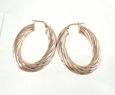 Rose Gold on .925 Sterling Silver Hoop Earrings Textured Oval Hollow 1.5" Italy - Image 1 of 2
