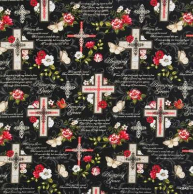 1/2 YD RELIGIOSO CRISTÃO INCRÍVEL GRAÇA TECIDO DE ALGODÃO FLOR CRUZADA 18"x43" BLCK - Imagem 1 de 2
