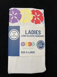 Life is Good Long Sleeve Sunshirt Womens XL UPF 50 White Sand Dollar Beach Print - Picture 1 of 2