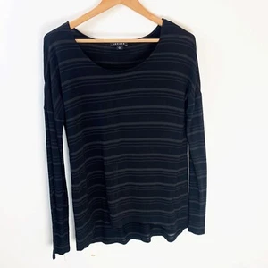 Trouve Womens Long Sleeve Top Medium Black Striped Tee Shirt Round Scoop Neck - Picture 1 of 4