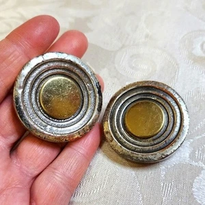 RARE 70s Vintage Silver-Tone Clip-On Earrings – Oversized Retro Circles - Picture 1 of 3