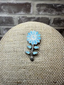 Prendedor/colgante de flores estilo Dishta turquesa y plata esterlina Zuni de colección firmado - Imagen 1 de 4