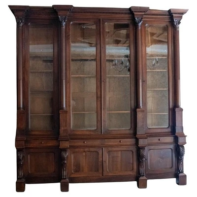 Monumental Carved Walnut English Victorian Two Piece Breakfront Bookcase - Image 1 of 4