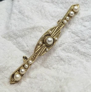 Vintage Bar Lapel Pin Brooch 2.25" Faux Pearl Gold Tone Edwardian Style - Bild 1 von 3