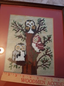 Vintage 1970s Finished Framed Needlepoint Crewel Caron Owls in tree, 12" X 14" - Picture 1 of 12