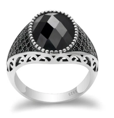 Anello Argento 925 Chevalier Turco Uomo Sigillo Lucifer Pietra Nera Stile Antico - Immagine 1 di 4