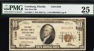 1929 $10 TYPE 1 LEESBURG FLORIDA THE FIRST NATIONAL BANK PCGS 25 - Picture 1 of 2