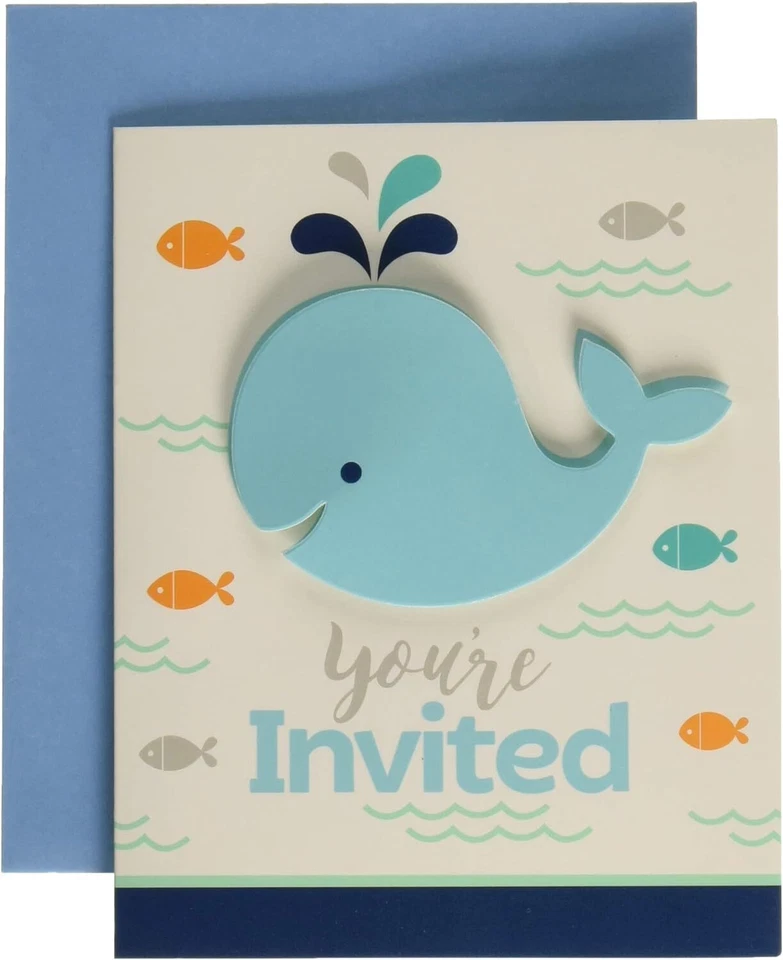 Lil Spout Blue Whale Animal Boy Cute Baby Shower Party Invitations w/Envelopes - Image 1 of 1