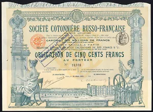 Russia: Soc. Cotonnière Russo-Francaise, bond for 500 francs, 1913 - Picture 1 of 1